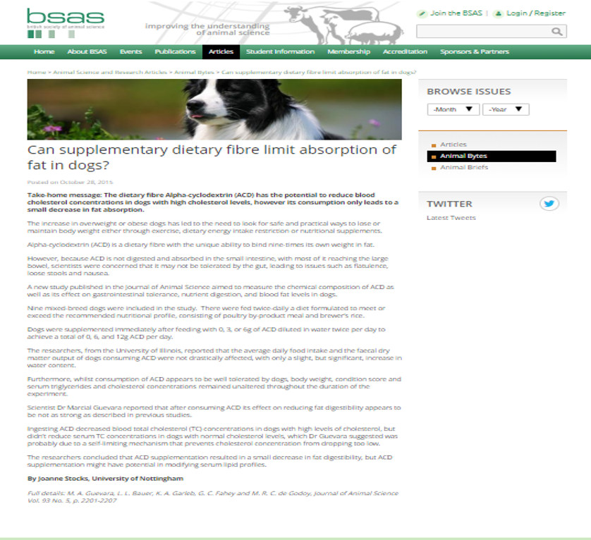 Can supplementary dietary fibre limit absorption of fat in dogs