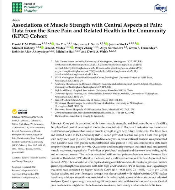 Screenshot of journal article Associations of Muscle Strength with Central Aspects of Pain: Data from the Knee Pain and Related Health in the Community (KPIC) Cohort