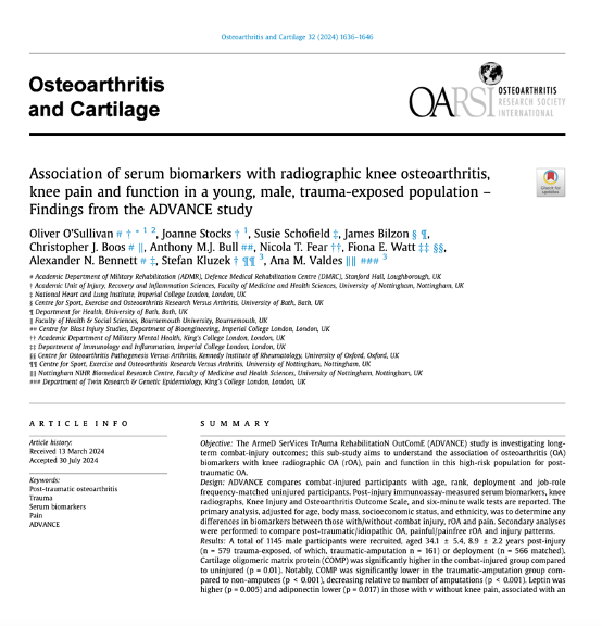 Association of serum biomarkers with radiographic knee osteoarthritis, knee pain and function in a young, male, trauma-exposed population – Findings from the ADVANCE study Abstract