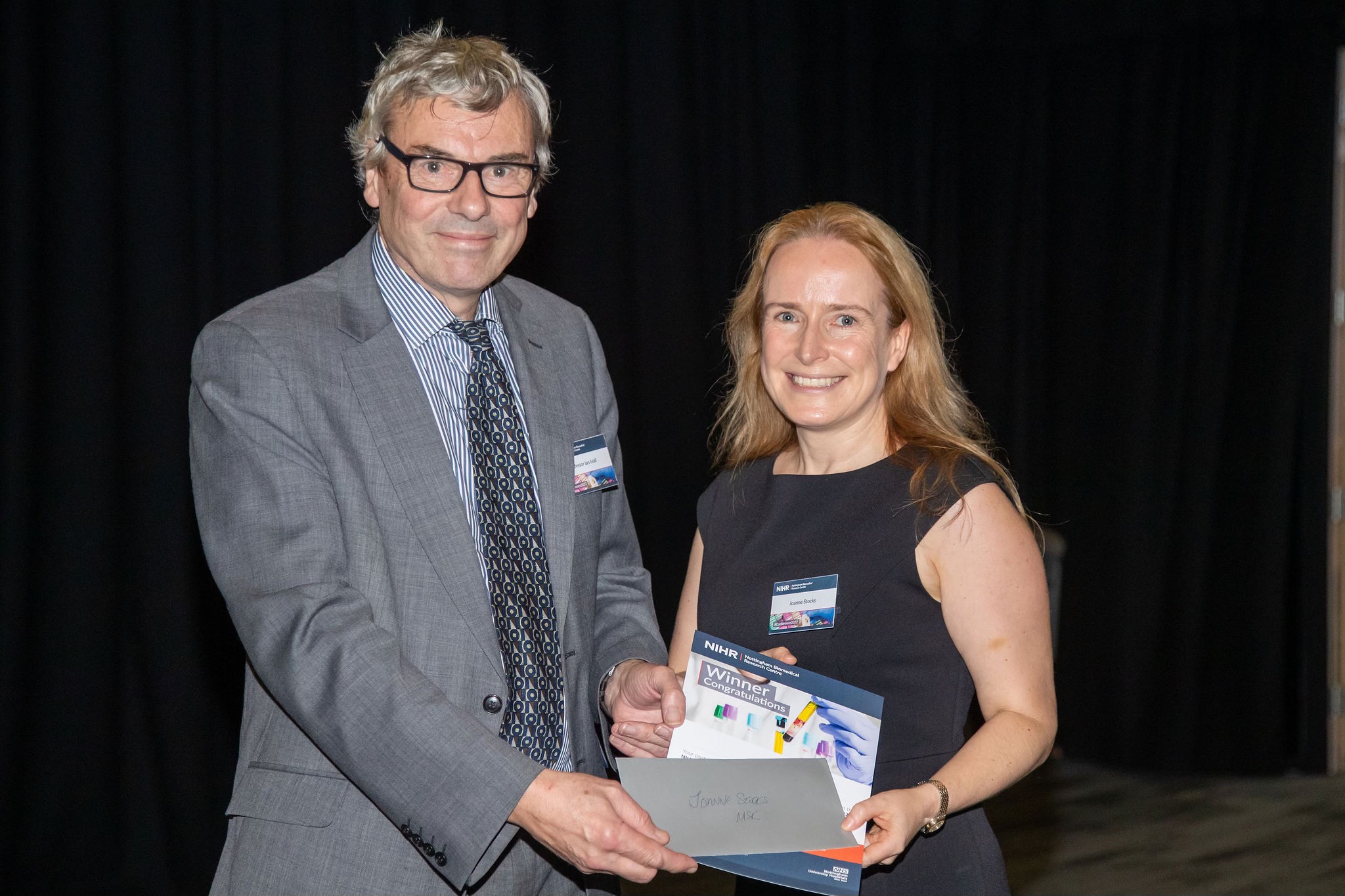 NIHR Nottingham BRC 2022 Conference Musculoskeletal poster competition winner Dr Joanne Stocks with Director of the Nottingham Biomedical Research Centre, Prof Ian Hall.