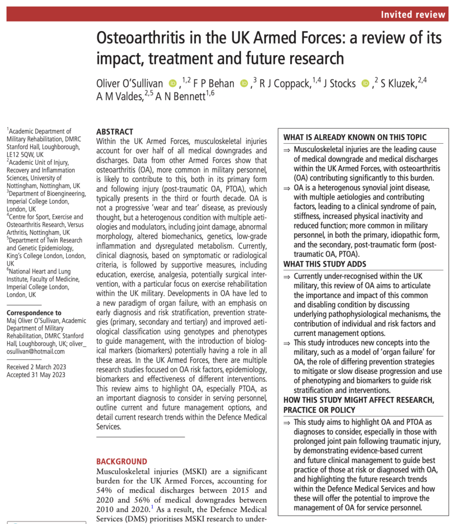 Osteoarthritis in the UK Armed Forces Journal Paper Screenshot