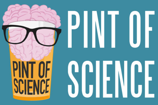 Pint of Science Logo showing a a cartoon version of a pint of beer with a brain for a head and wearing a pair of glasses