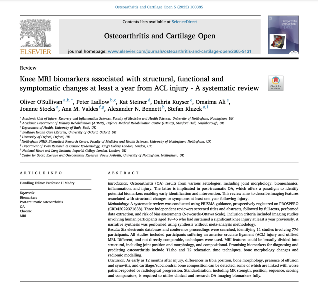 Screenshot of journal article Knee MRI biomarkers associated with structural, functional and symptomatic changes at least a year from ACL injury - A systematic review