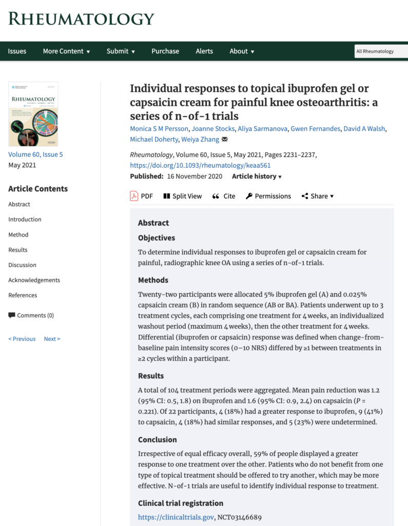 Abstract of n=1 study of topical NSAIDS for osteoarthritis pain.