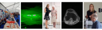 Banner showing 5 images. 1 of a public engagement stand, 2 of a immunofluorescence stained cell, 3 Joanne Stocks with a patient, 4 and MRI of a knee and 5 Joanne teaching
