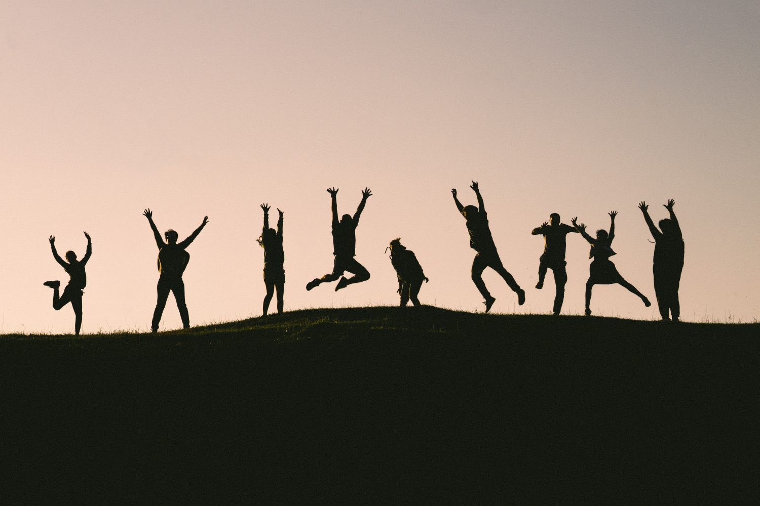 silhouette photo of group of people jumping in the air