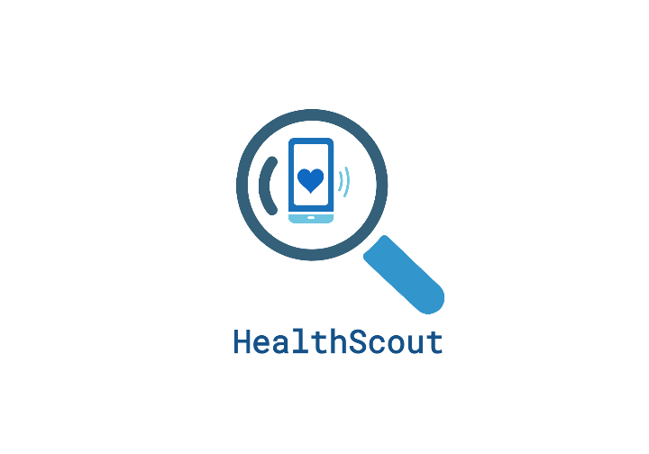HealthScout logo of a mobile phone with a heart on the screen being looked at through a magnifying glass with the words HeathScout underneath.