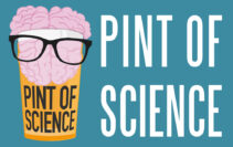 Pint of Science Logo showing a a cartoon version of a pint of beer with a brain for a head and wearing a pair of glasses