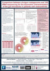 Poster describing the comparison between shotgun metagenome and 16S rRNA sequencing for the taxonomic characterization of the gut microbiota in patients with osteoarthritis